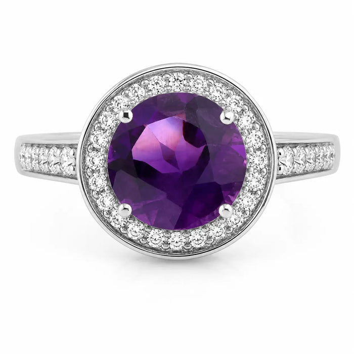 1.80 Ct Round Purple Amethyst & Lab Diamond Prong Silver Pave Halo Statement Ring by Fine Color Jewels