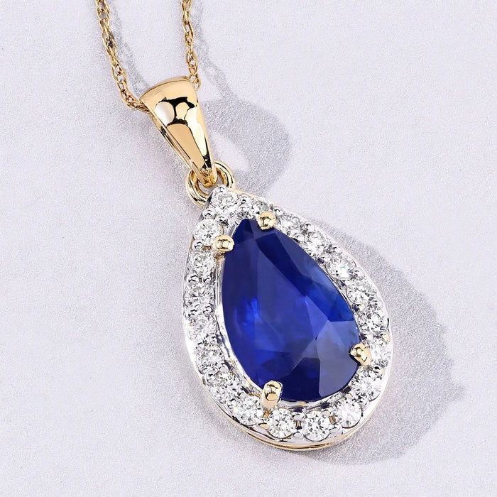 1.88 Ct Genuine Oval Ceylon Blue Sapphire and Diamond 18K Yellow Gold Teardrop Pendant by Fine Color Jewels