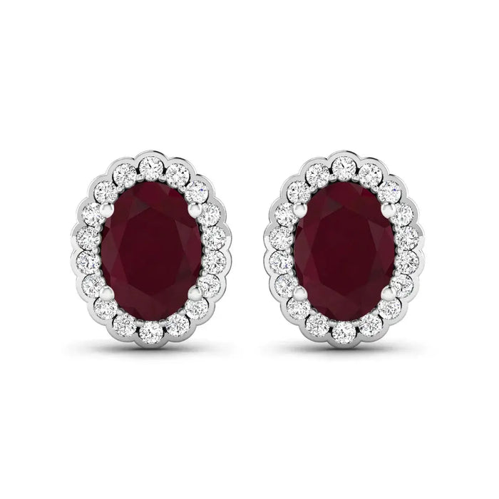 1.90 Ct Oval Pink Ruby & Diamond Prong 14K Gold Halo Stud Earrings by Fine Color Jewels