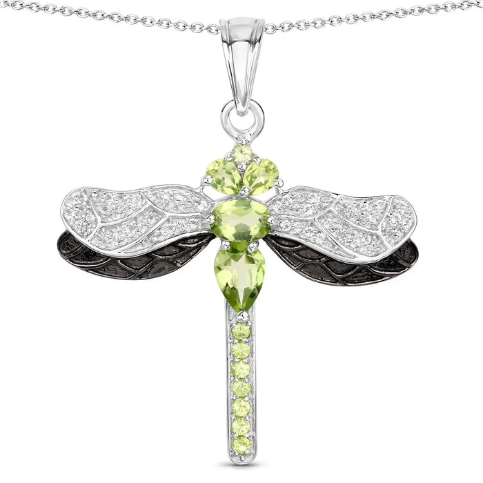 1.98 Ct Green Peridot Prong Sterling Silver Dragonfly Pendant Cable Chain Necklace by Fine Color Jewels