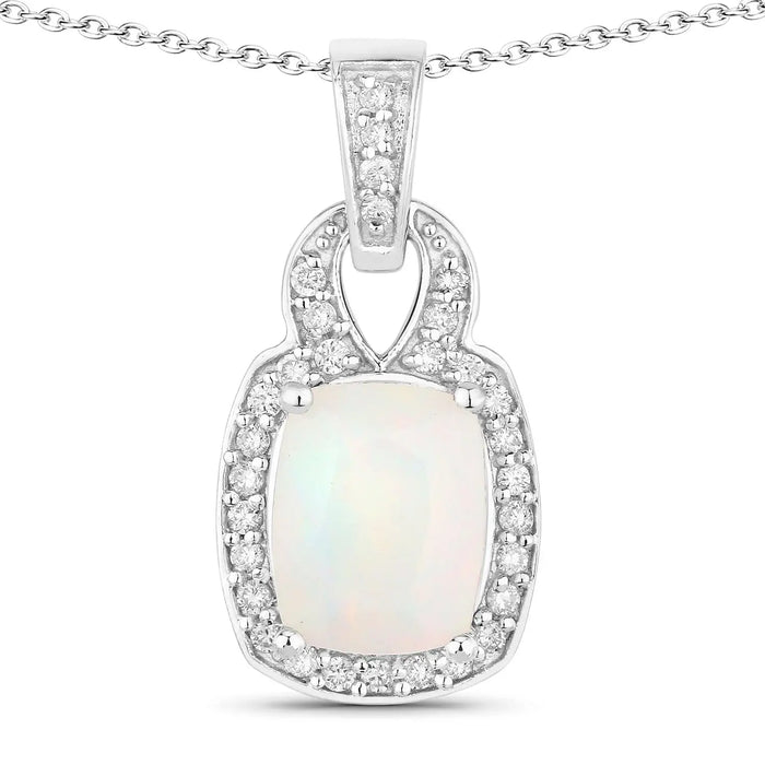 1 Ct cushion white Ethiopian Opal and Lab Diamond prong Silver Slide Pendant Necklace by Fine Color Jewels
