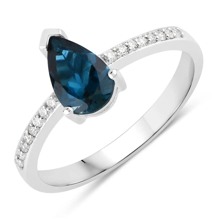 1 Ct Pear London Blue Topaz Lab Diamond V-Prong Silver Pave Bridge Ring by Fine Color Jewels