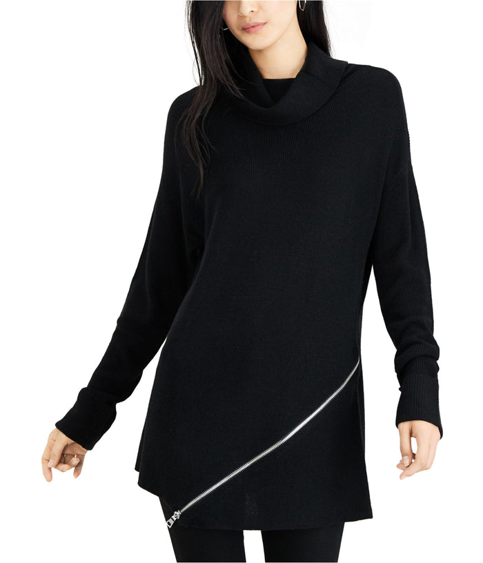 Bar III Zipper-Trim Turtleneck Tunic Sweater Black, Size XS by Vanessa Jane