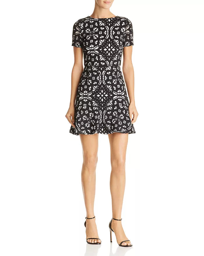 Aqua Laser-Cut Floral Flounce Dress, Size Medium by Vanessa Jane