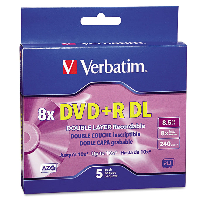 Verbatim DVD+R Dual-Layer Recordable Disc, 8.5 GB, 8x, Jewel Case, Silver, 5/Pack