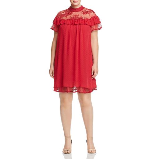 Lost Ink Womens Lace Trim Ruffled Shift Dress, Size 2X, Red by Vanessa Jane