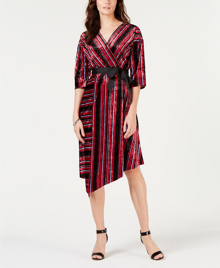 NY Collection Petite Striped Velvet Asymmetrical Dress, Red Multi, Size PM by Vanessa Jane