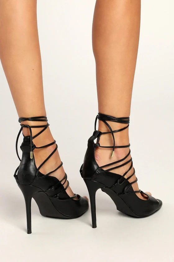 Lulus Sayela Black Lace-Up High Heels, Size 8.5 by Vanessa Jane