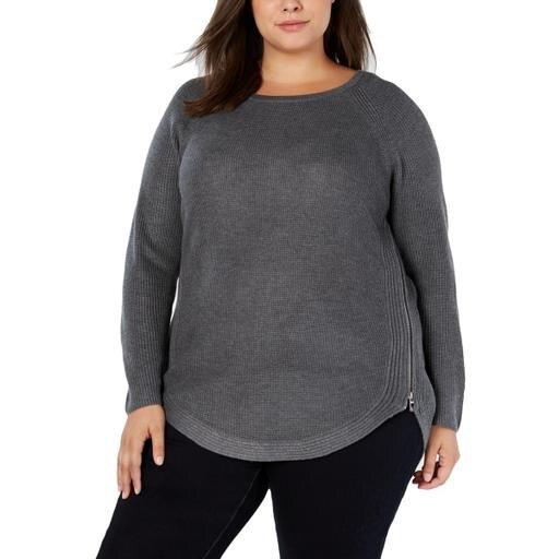INC Womens Plus Size Zipper-Trim Waffle Knit Long Sleeve Crewneck Sweater, 1X by Vanessa Jane