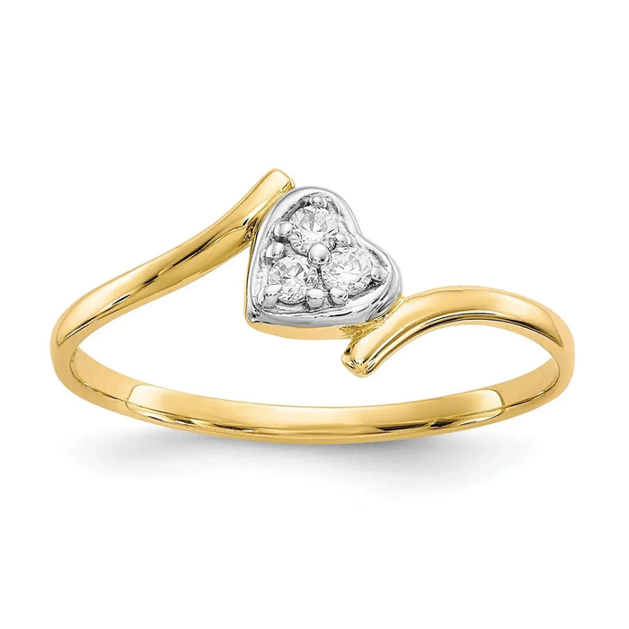 10K Gold CZ Heart Bypass Three Stone Ring by Fine Color Jewels
