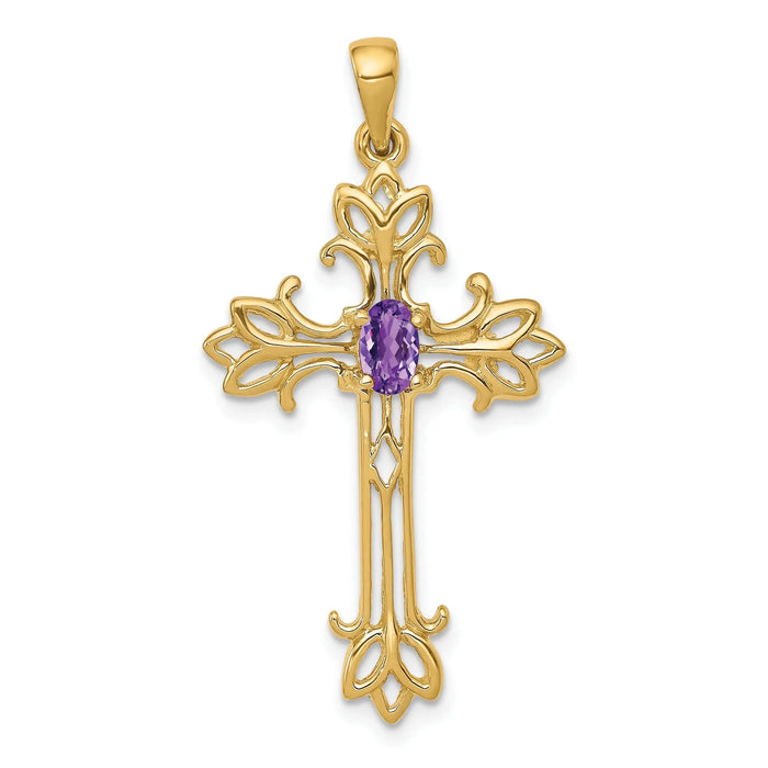 10K Yellow Gold Natural Amethyst Cross Pendant by Fine Color Jewels