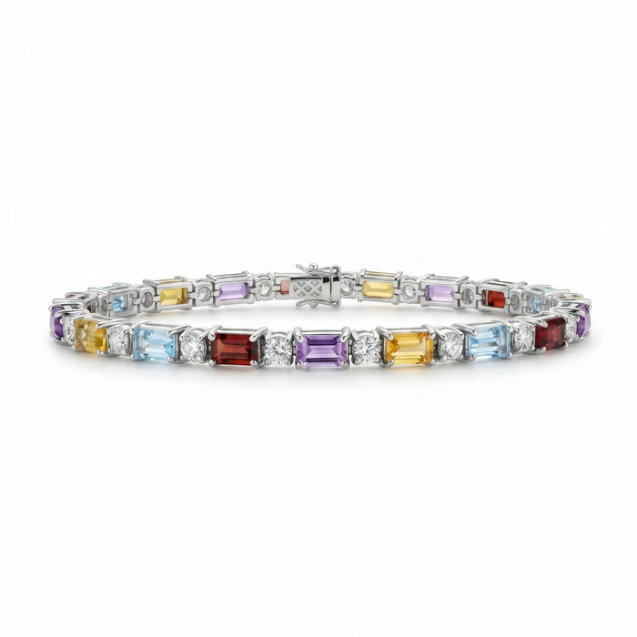11.8 Ct Baguette Rainbow Multi-Gemstone Prong Silver Alternating Inline Box Clasp Tennis Bracelet by Fine Color Jewels