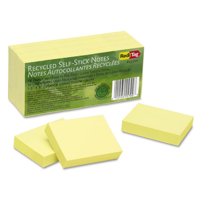 Redi-Tag 100% Recycled Self-Stick Notes, 1.5" x 2", Yellow, 100 Sheets/Pad, 12 Pads/Pack