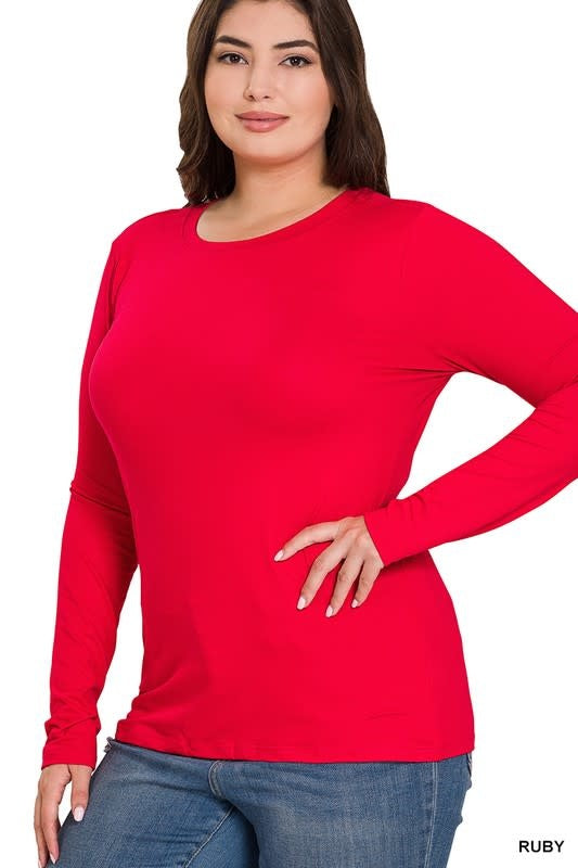 Microfiber Long Sleeve Round Neck Tee - Ruby by Boutique 23