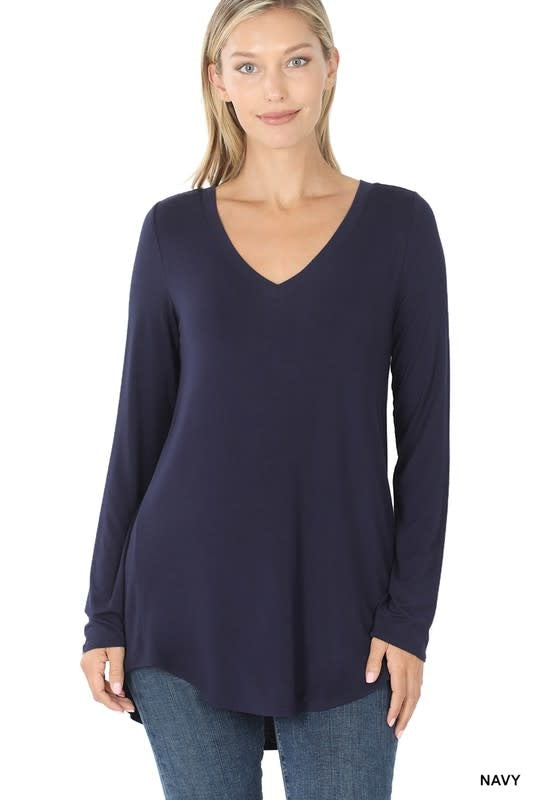 Luxe Rayon V-Neck Long Sleeve - Navy by Boutique 23