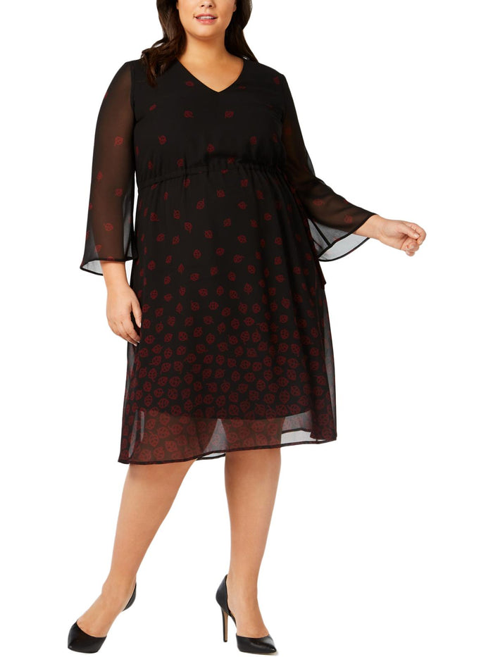 Anne Klein Black Printed Sheer V Neck Party Dress, Plus Size 24W by Vanessa Jane