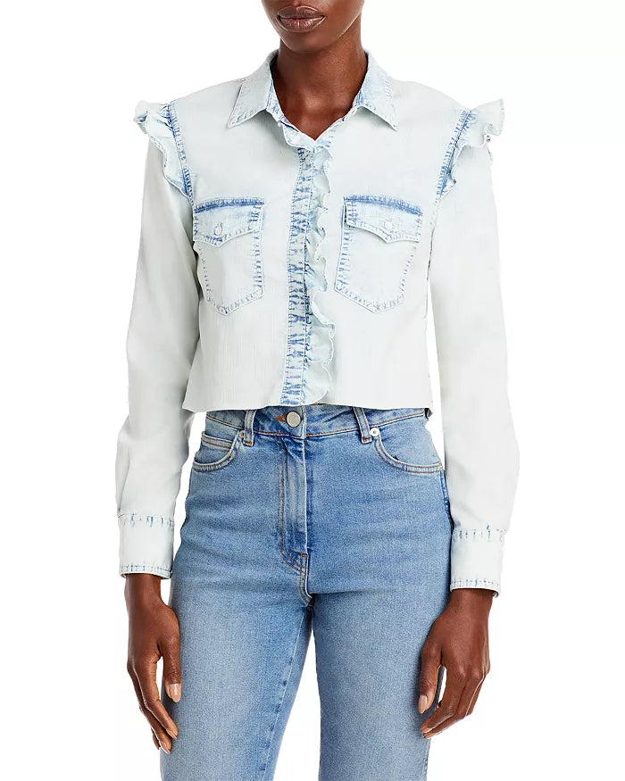 Alice + Olivia Crop Chambray Shirt in Ocean Blues, Size Small by Vanessa Jane