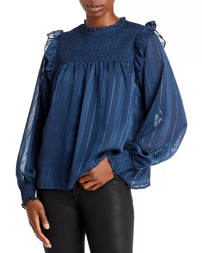 AQUA Smocked Yoke Ruffled Jacquard Top by Vanessa Jane