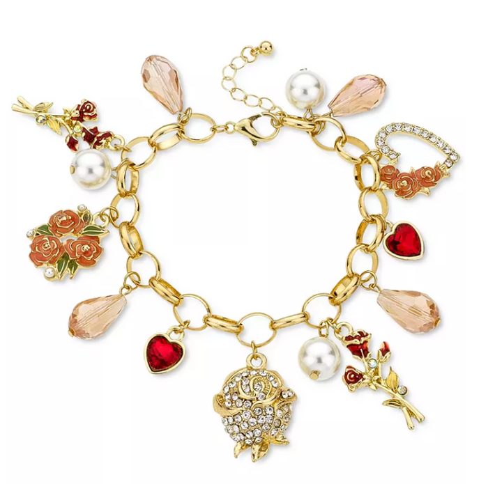 Holiday Lane Gold-Tone Multi-Stone Heart and Flower Charm Bracelet by Vanessa Jane