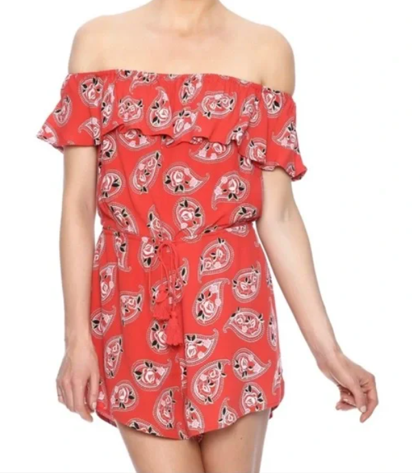 Honey Punch Bohemian Red off the Shoulder Romper Size Small by Vanessa Jane