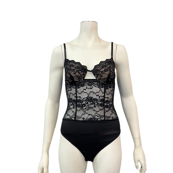 Lulus Certainly Sultry Black Lace Bodysuit, Size Medium by Vanessa Jane