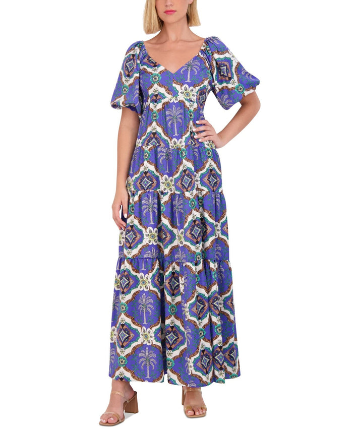 Vince Camuto Womens Print Puff Sleeve Maxi Dress - Porcelain Blue - Size 6 by Vanessa Jane