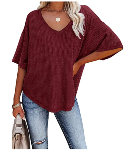 Merokeety Womens V Neck Batwing Shirt Waffle Knit Loose Blouse, Size Medium by Vanessa Jane