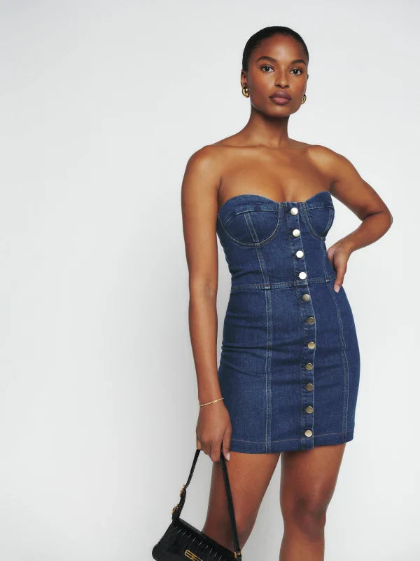 Reformation Nikki Strapless Bustier Denim Mini Dress, Size 10 by Vanessa Jane