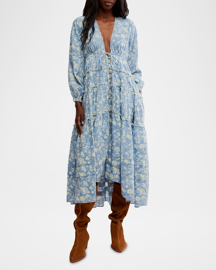 Free People Pappiet MIDI Womens Dress Bluebell Combo, Medium by Vanessa Jane