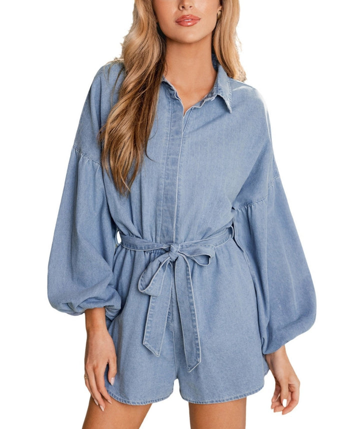 Cupshe Womens Denim Puff-Sleeve Tie-Waist Romper, Large by Vanessa Jane