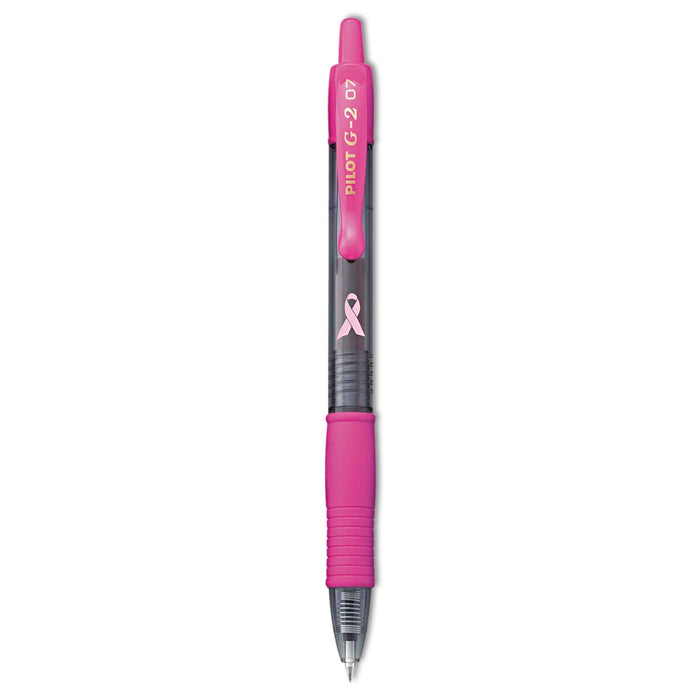 Pilot G2 Premium Breast Cancer Awareness Gel Pen, Retractable, Fine 0.7 mm, Black Ink, Translucent Pink Barrel, Dozen