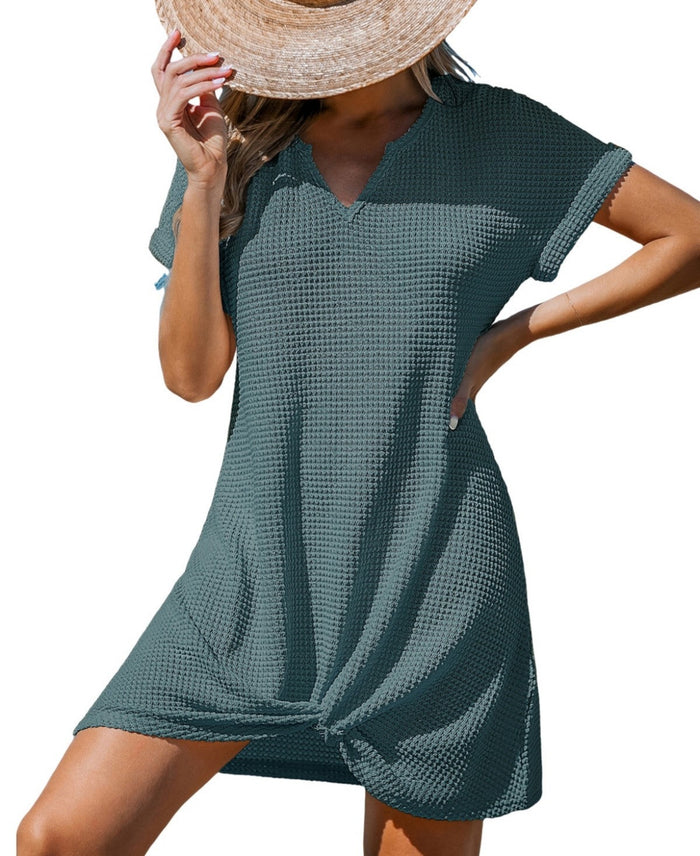 Cupshe Womens Waffle Knit Short Sleeve Hem Twist Mini Cover-up by Vanessa Jane
