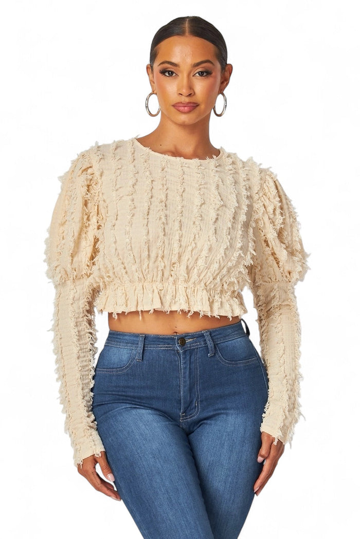 Alexandria Puff Long Sleeve Shaggy Peplum Crop Top by The House of Stylez