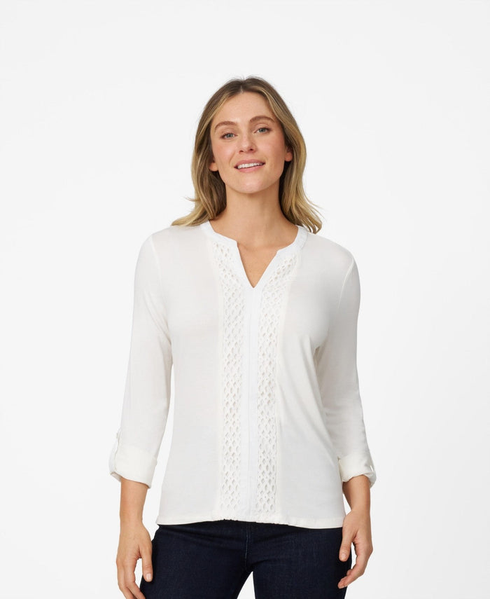 Cable and Gauge Womens Lace Trim Henley Top - Whisper White, large by Vanessa Jane