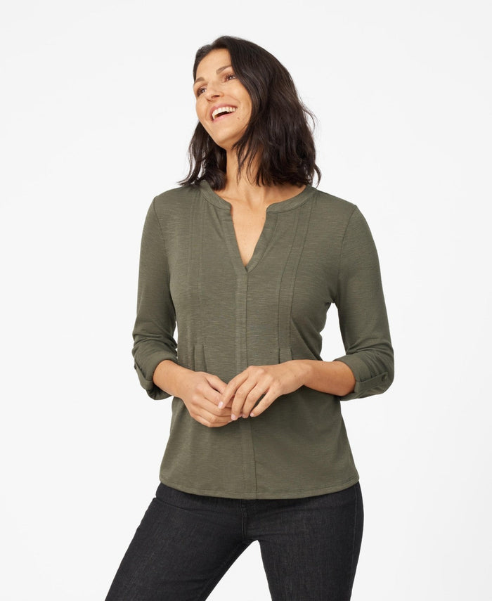 Cable and Gauge Womens Pintuck Pleat Henley Top - Dry Oregano, Small by Vanessa Jane