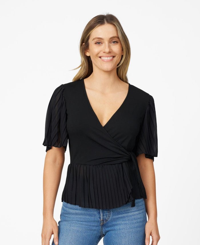 Cable and Gauge Womens Pleated Stretch Wrap Top - Jet Black, Medium by Vanessa Jane