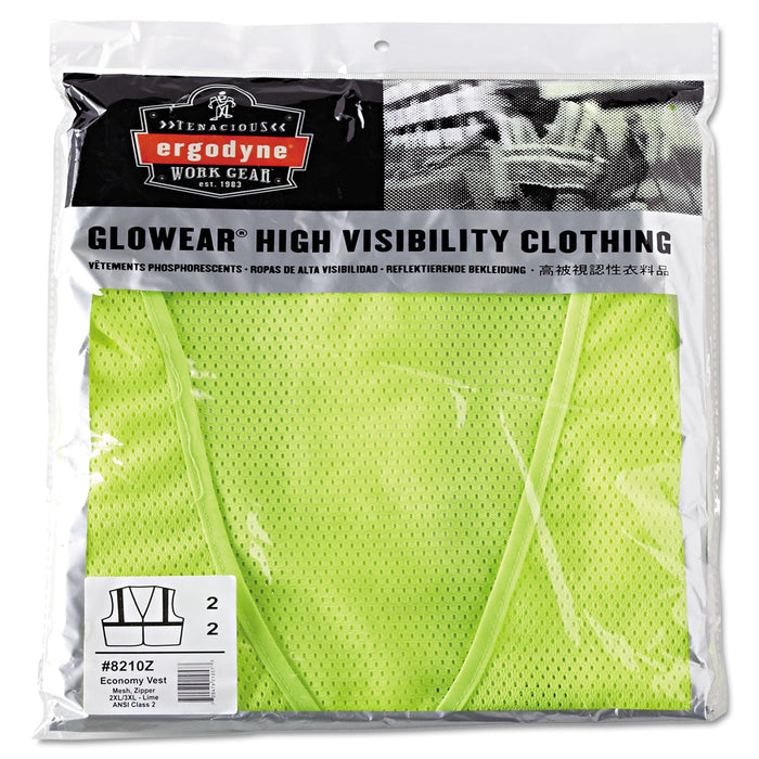 ergodyne GloWear 8210Z Class 2 Economy Vest, Polyester Mesh, Zipper Closure, 2X-Large to 3X-Large, Lime