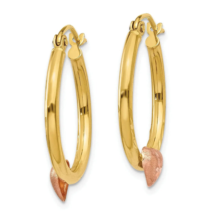 14K Gold and Rose Heart Hoop Earrings by Fine Color Jewels