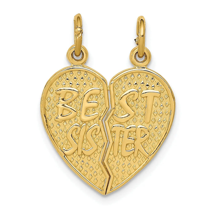 14k Gold BEST SISTER Break-apart Heart Charm Pendant by Fine Color Jewels