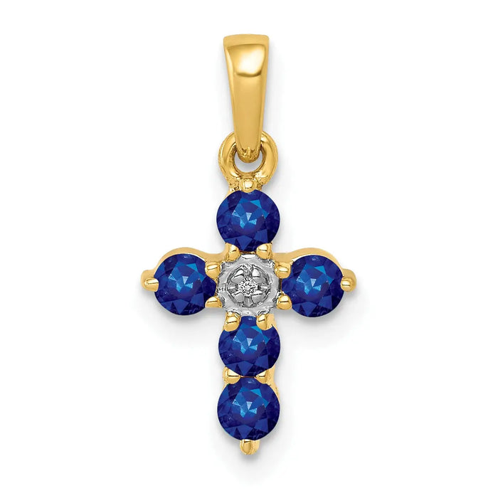 14k Gold Natural Sapphire Diamond Cross Pendant by Fine Color Jewels