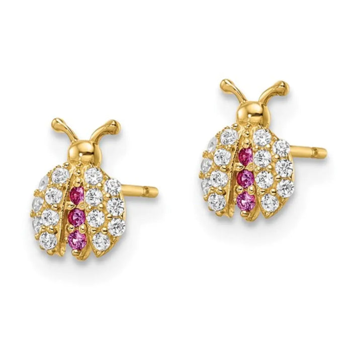 14k Gold Red CZ Lady Bug Earrings by Fine Color Jewels