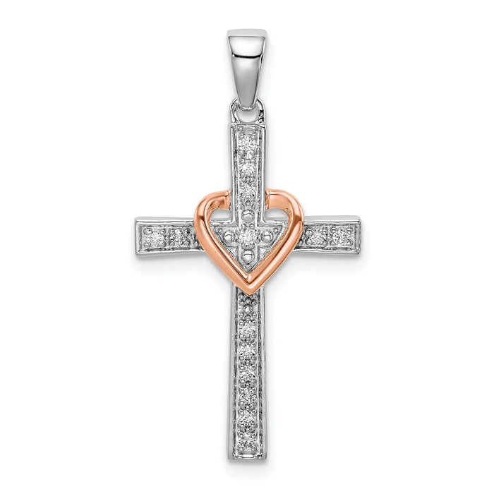 14k Two Tone Rose and White Gold Lab Grown Diamond Cross with Heart Pendant by Fine Color Jewels