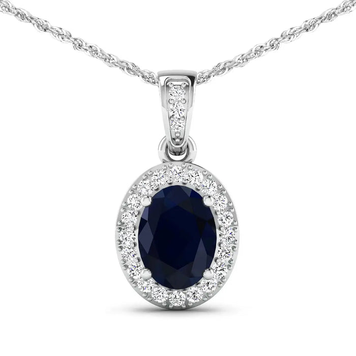 14K White Gold Blue Sapphire Diamond Pendant by Fine Color Jewels