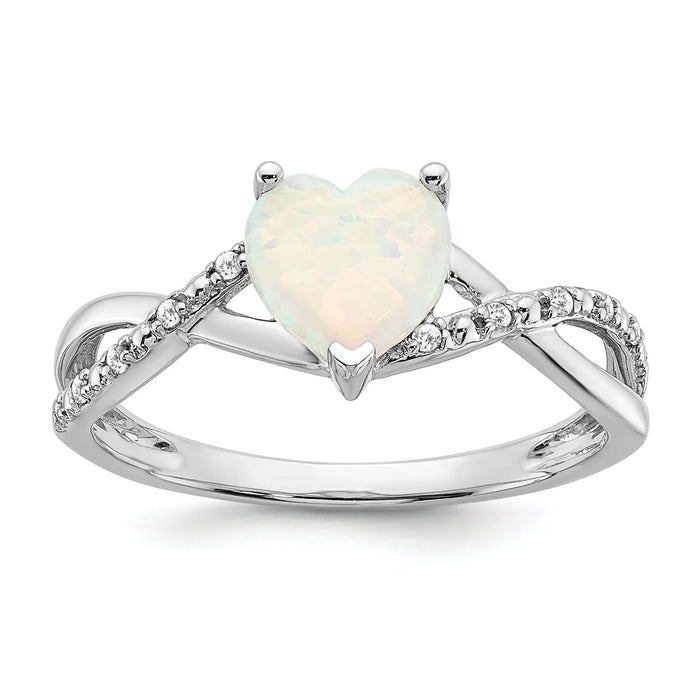 14k White Gold Created Opal and Diamond Pave Heart Ring by Fine Color Jewels