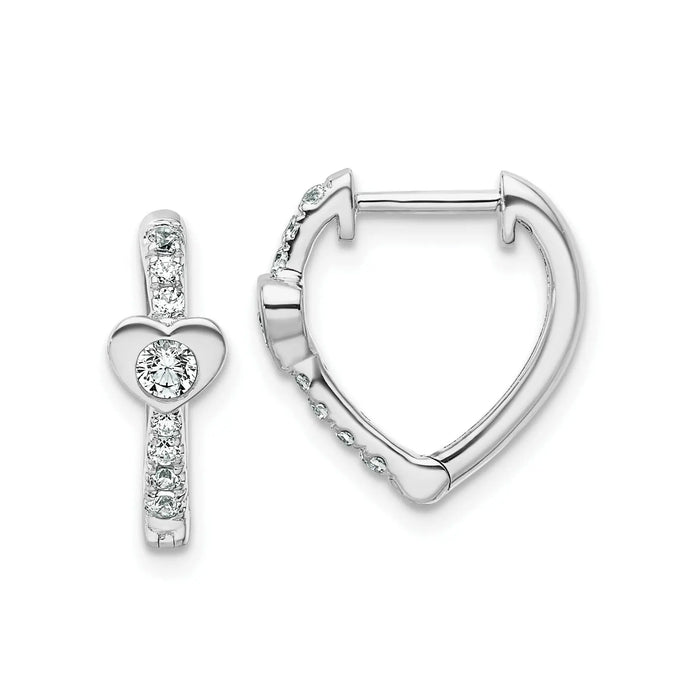 14K White Gold Lab Diamond Heart Hinged Hoop Earrings by Fine Color Jewels