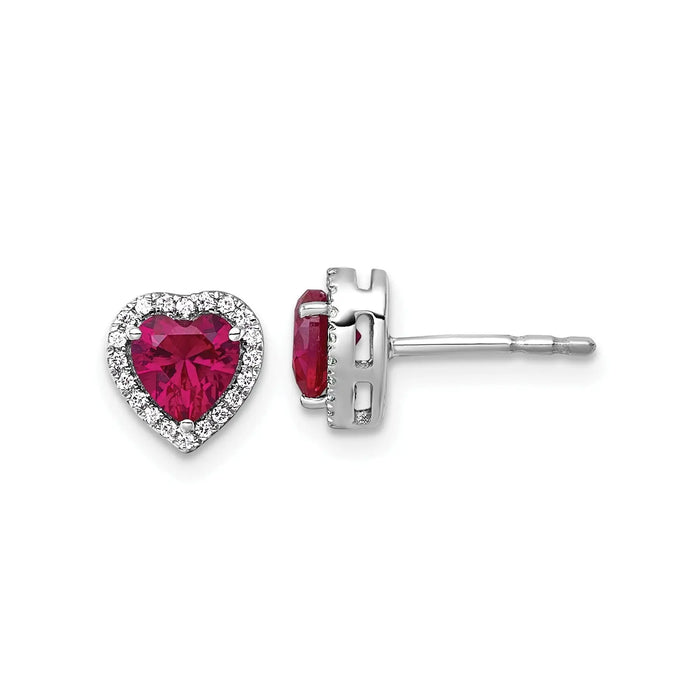 14k White Gold Lab Grown Diamond and Ruby Heart Stud Earrings 0.12 Ct by Fine Color Jewels