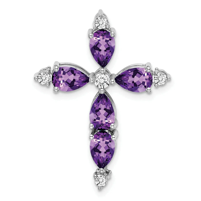 14k White Gold Natural Pear Amethyst Diamond Cross Pendant by Fine Color Jewels