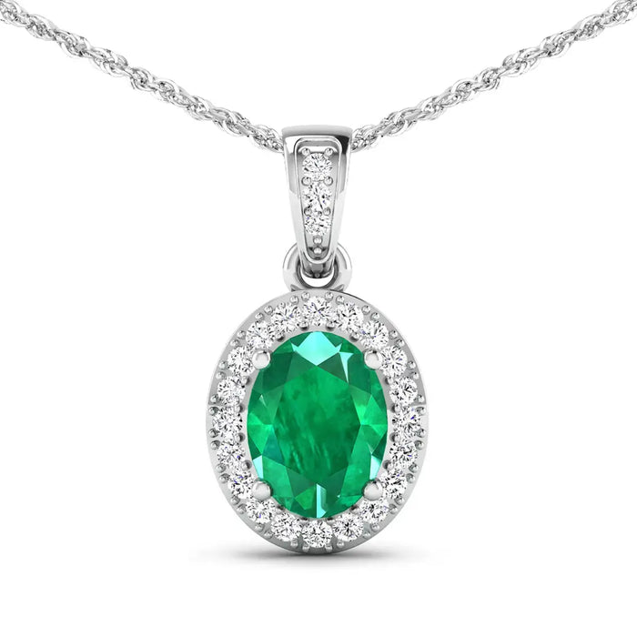 14K White Gold Zambian Emerald halo Pendant by Fine Color Jewels