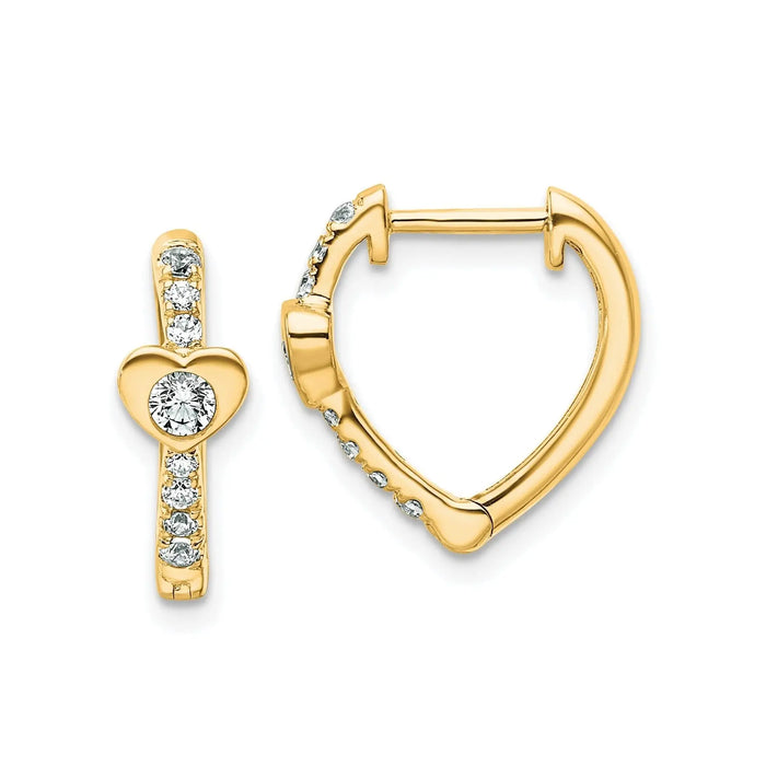 14K Yellow Gold Lab Grown Diamond Heart Hinged Hoop Earrings by Fine Color Jewels