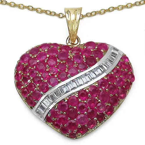 14K Yellow Gold Plated Genuine Ruby Heart Pendant Necklace by Fine Color Jewels